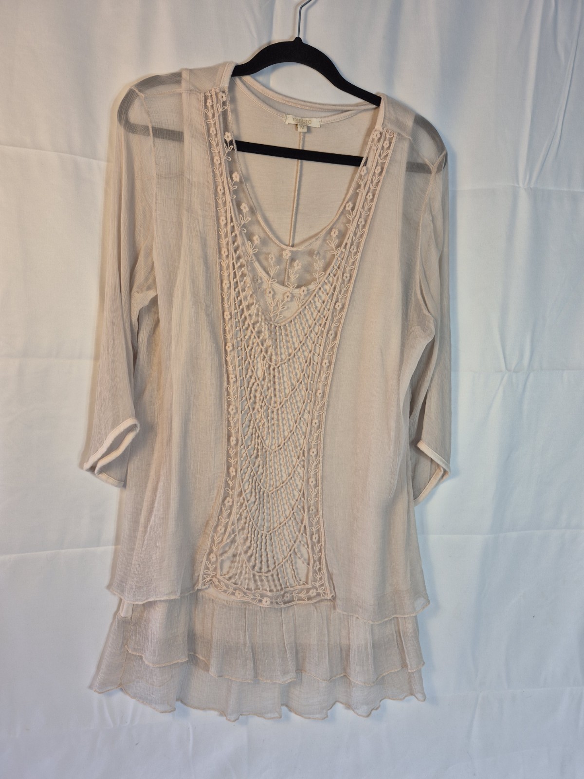 AMBRA Made In Italy Boho Embroidered Lace Blouse Top Beige Tan Size M Medium