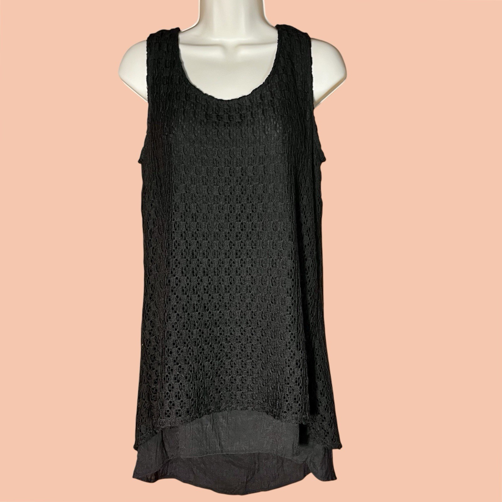 Black Knit Lace Sheer Tunic Top Sleeveless Shirt Layered Sz S Oversized Crochet