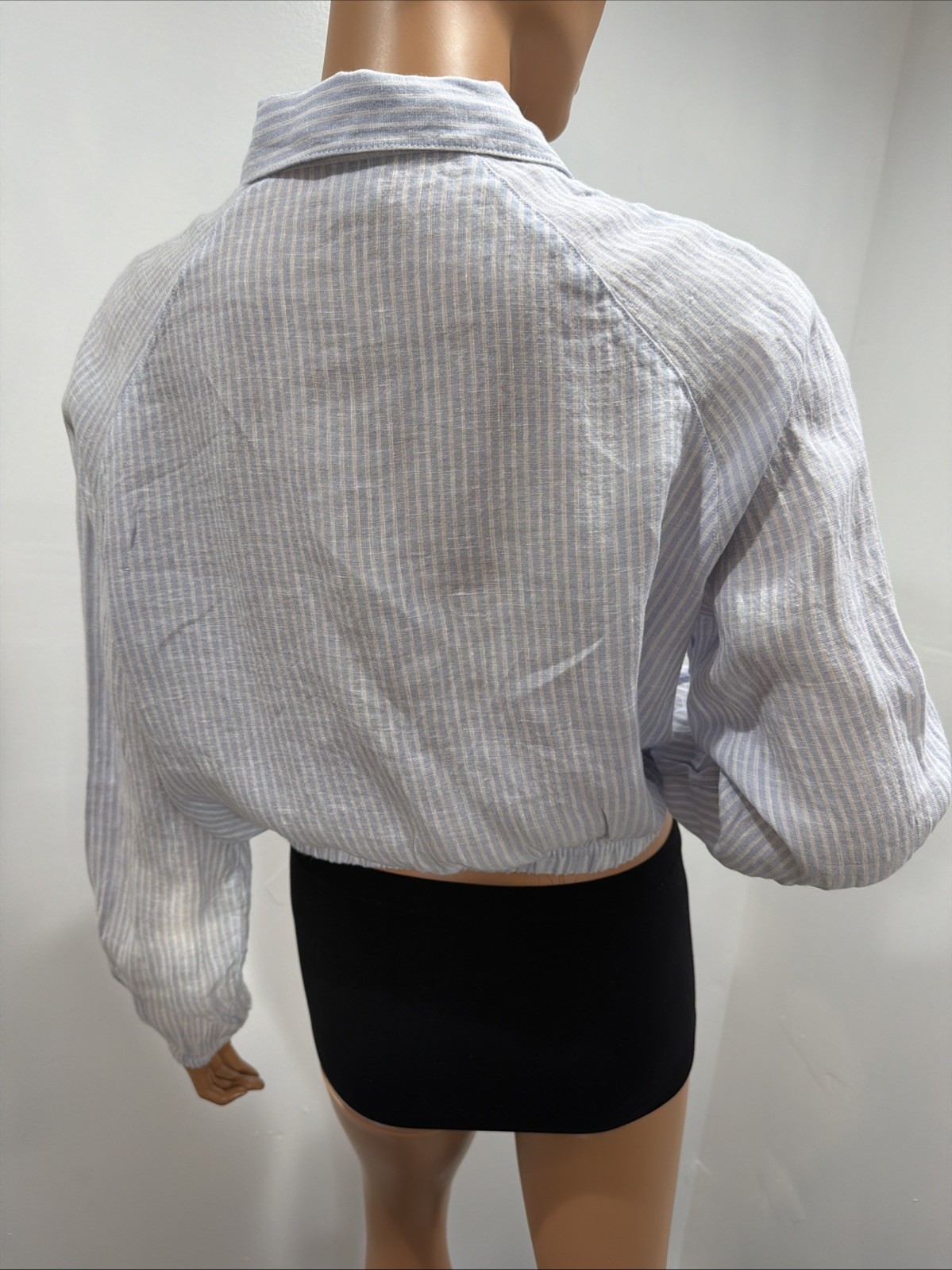linen blouse white blue striped Crouped Long sleeve Small Size Elastic Waist