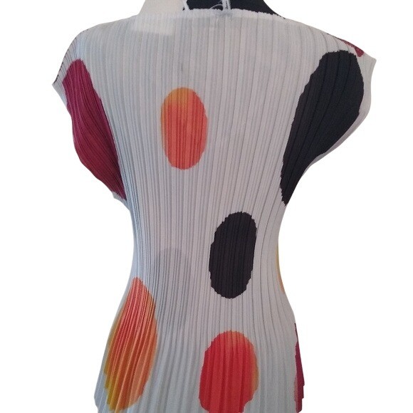 Milano Large Polka Dot Pleat Texture Career Blouse, White Multicolor, Size Large