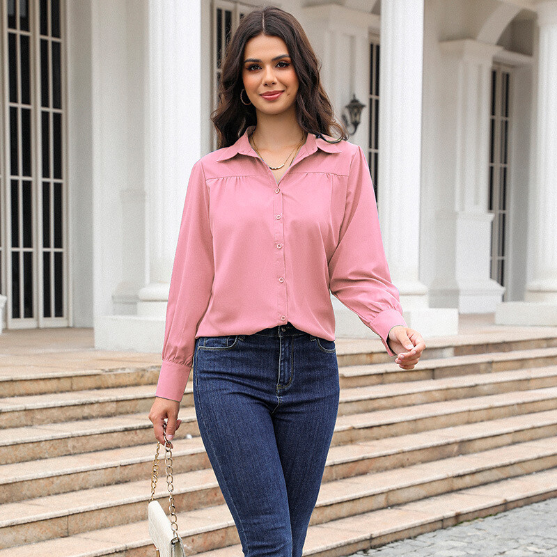 Women Solid Color Long Sleeve Chiffon Shirt,Button Down Collared OL Blouse Tops