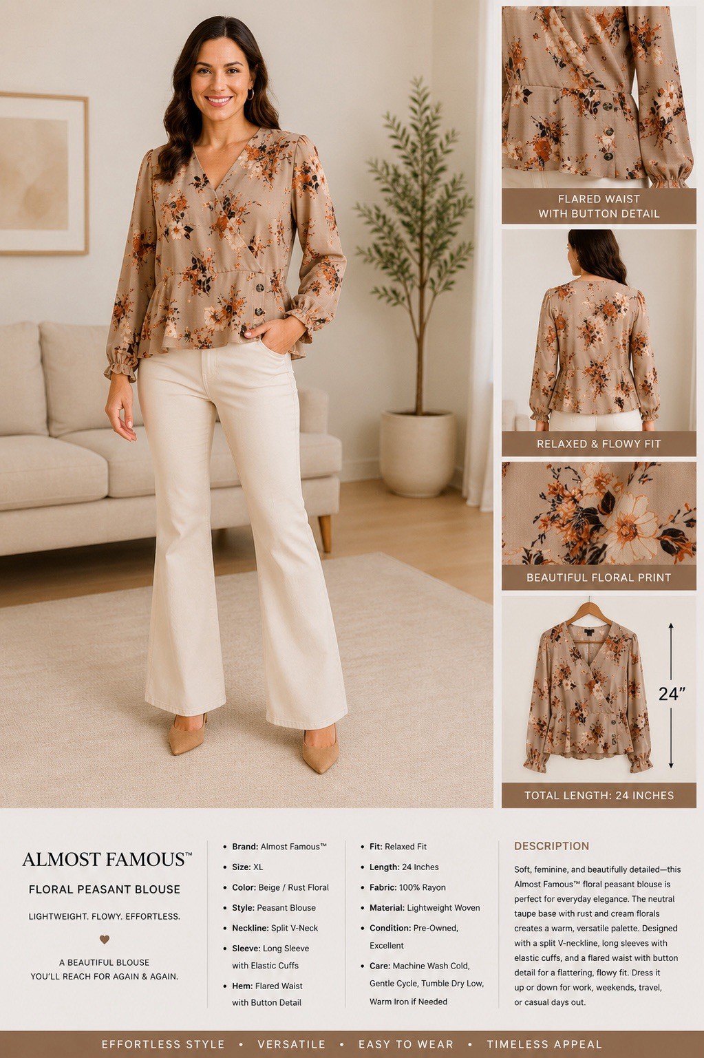 Sweet! Almost Famous L Beige Floral Peasant Blouse Long Sleeve Boho Top Flowy