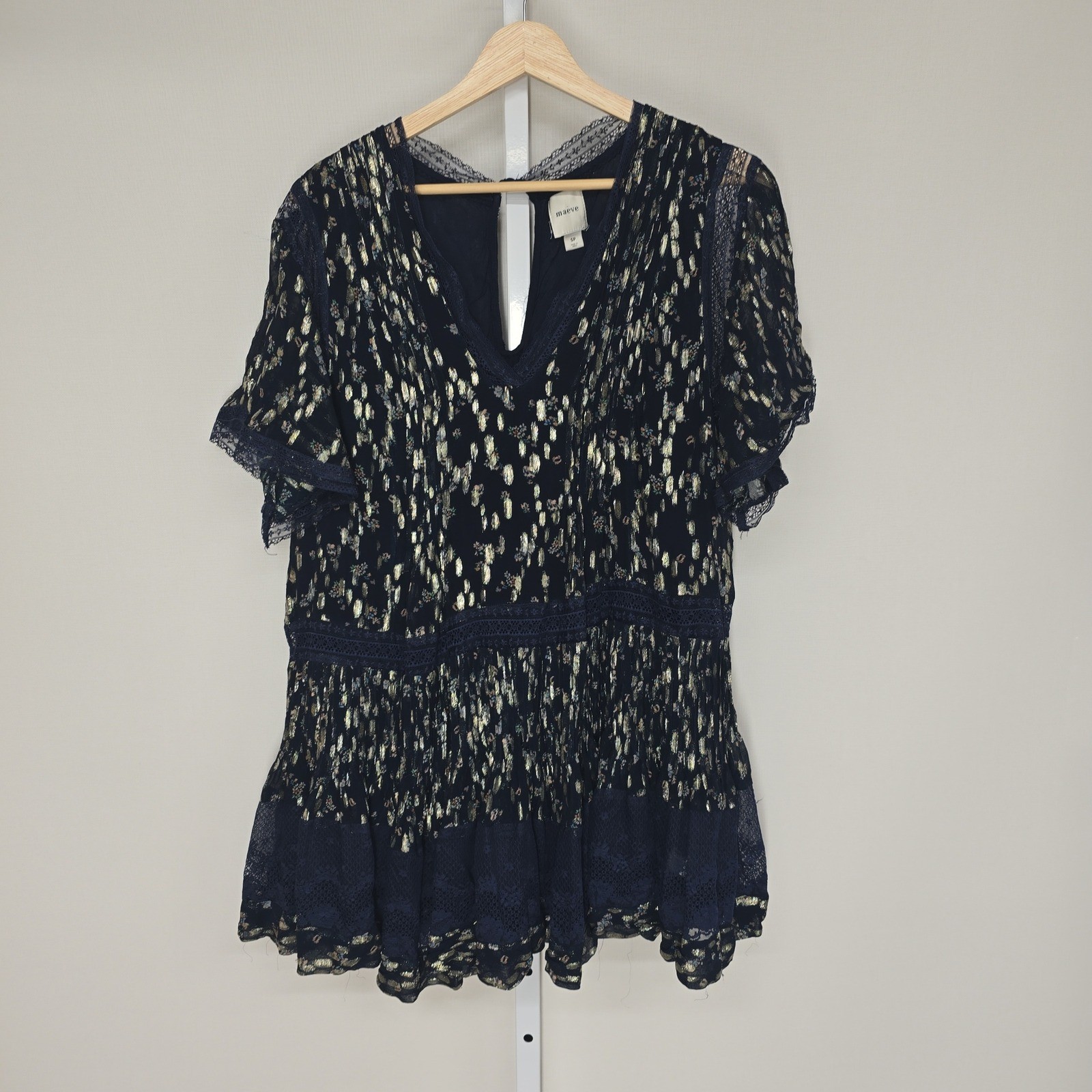 Maeve Anthropologie Navy Gold Metallic Lace Trim Peplum Blouse Top SP