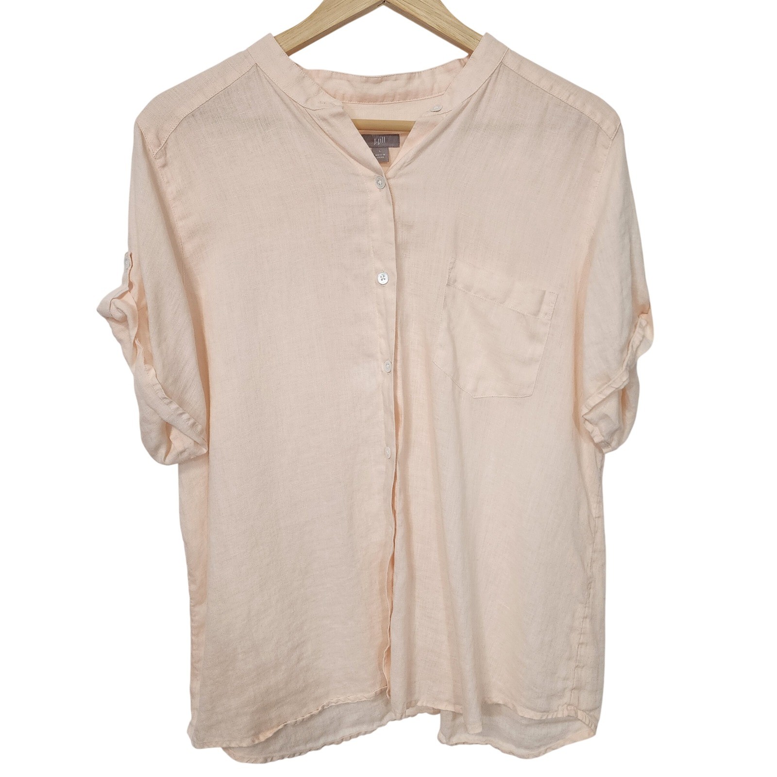 J. Jill Womens Large Peach Pink 100% Linen Button Down Short Sleeve Shirt