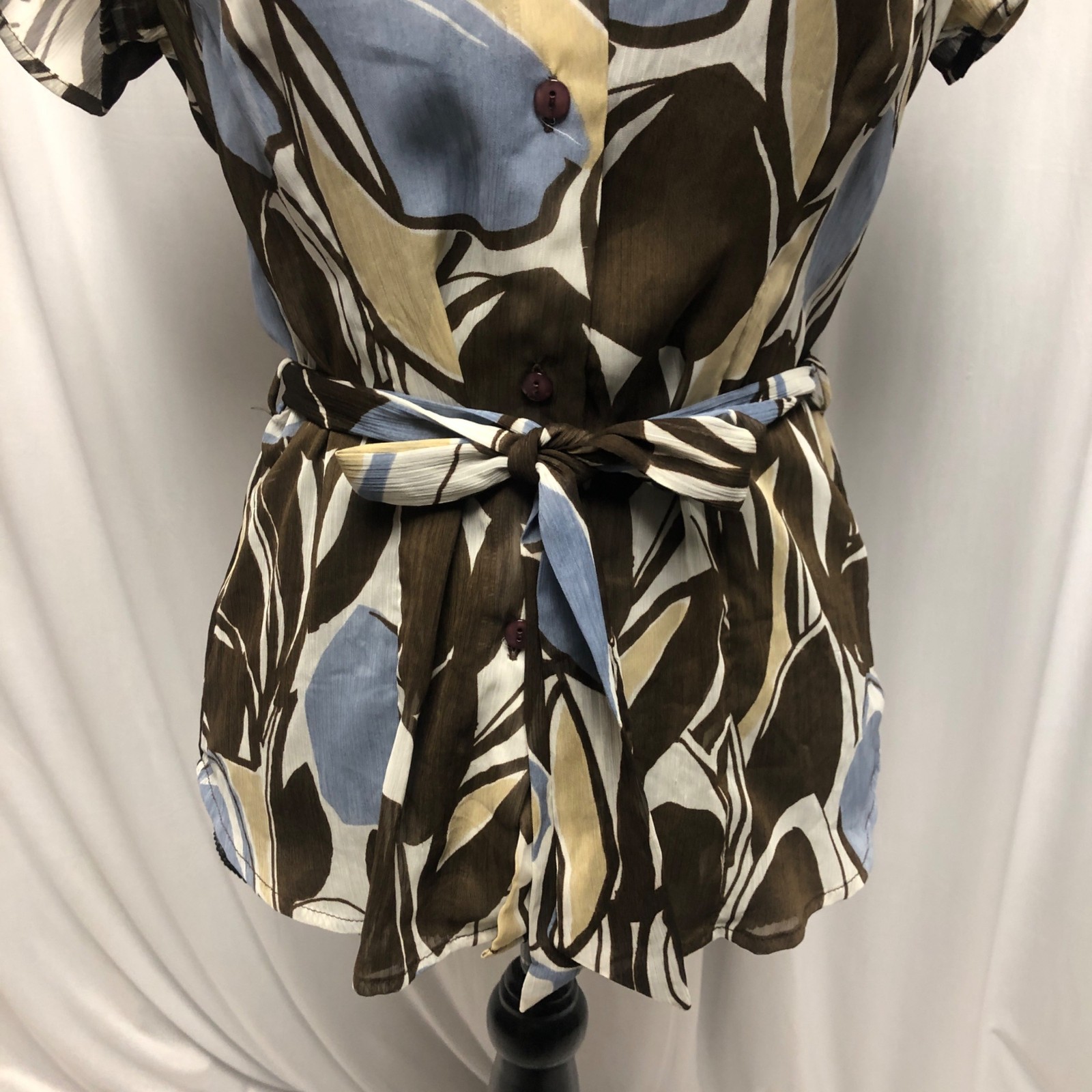 Studio 1940 Top Womens Size Small Brown Blue Sheer Short Sleeve Belted Blouse