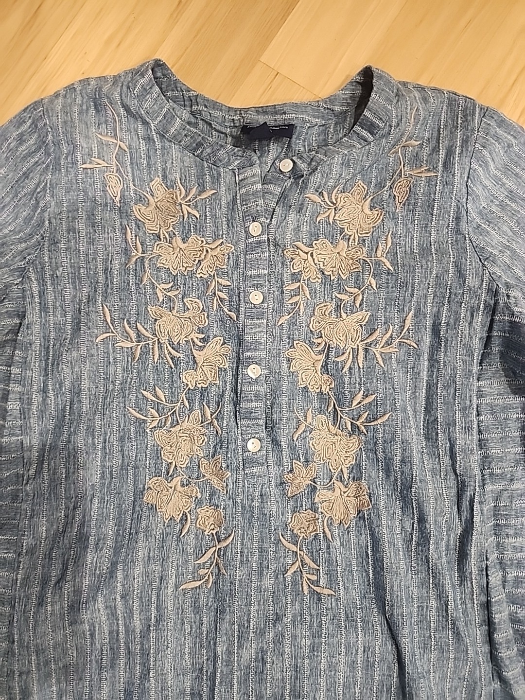 Pure Jill Indigo Embroidered Boho Blouse L Blue White Stripe Floral Long Sleeve