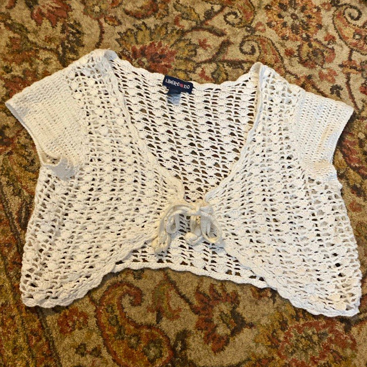 Limited Too White Crochet Open Knit Tie-Front Shrug Top Size 14 Short Sleeve