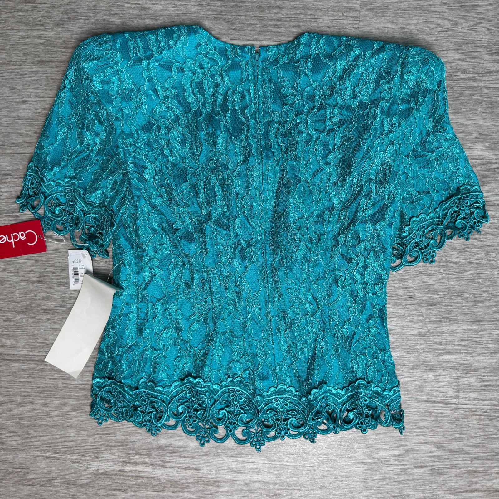 VTG Cachet Bari Protas 80s Lace Overlay Blouse Top 8 NWT USA Turquoise Back Zip
