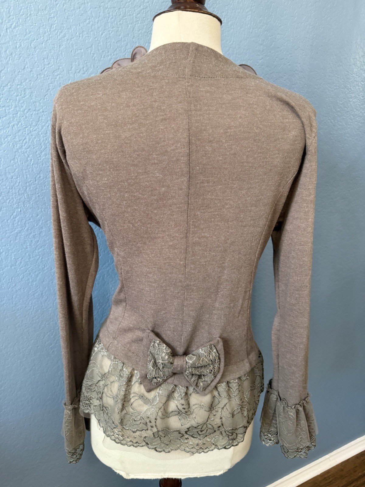 Pretty Angel Large Taupe Coquette Lace Ruffle Rhinestone Button Blouse Top