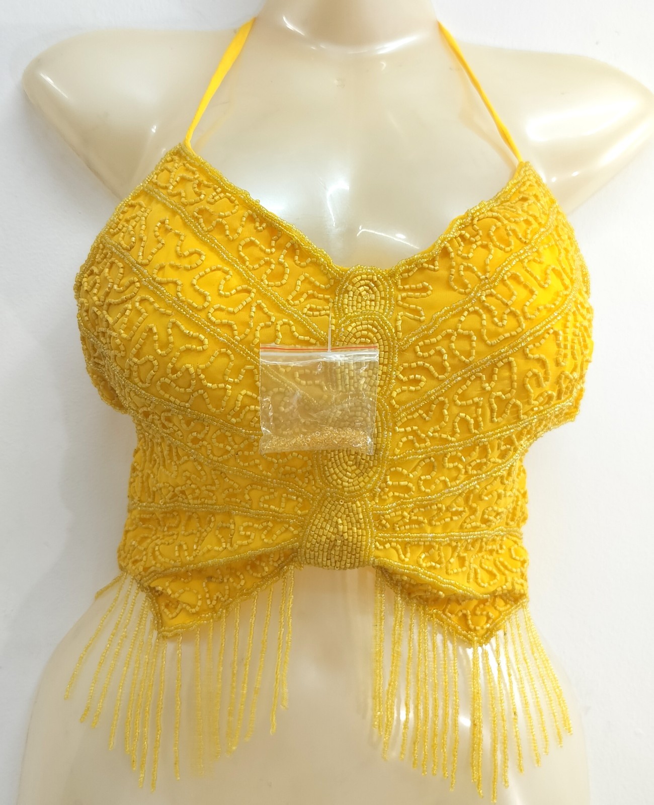 Yellow Beaded Butterfly Crop Top Halter Bra Belly Dance Halloween Dress Women