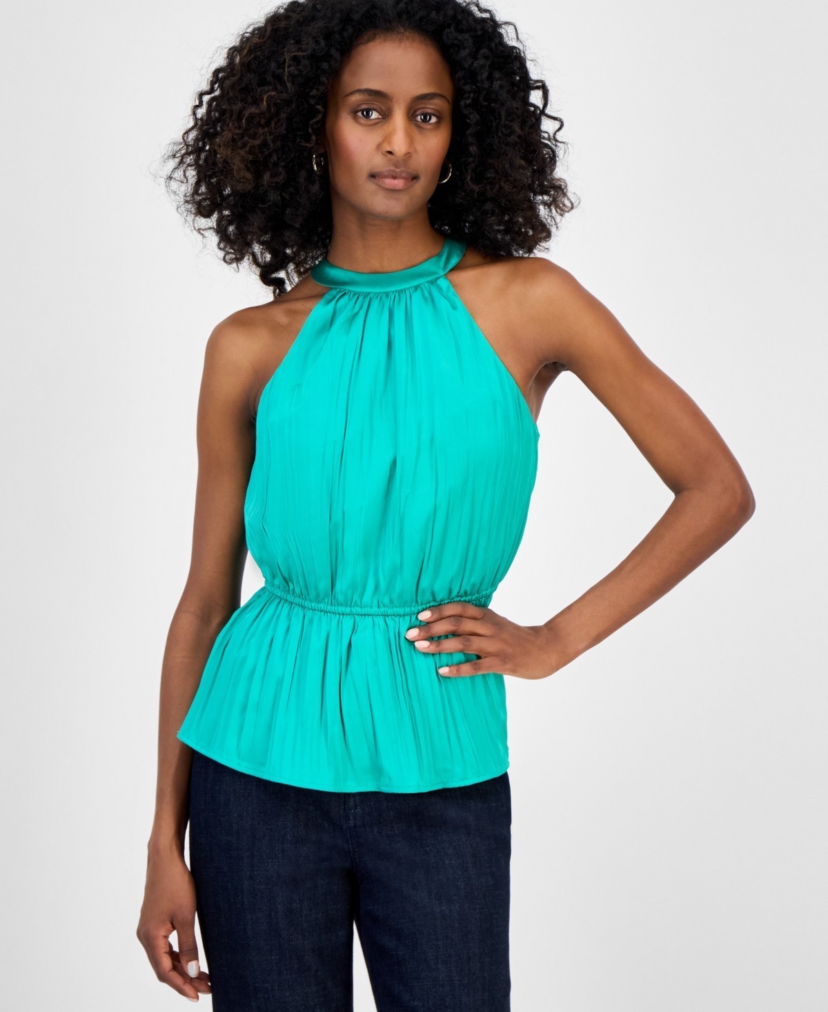 I.N.C. International Concepts Sleeveless Halter Peplum Top Women’s M Surf Green