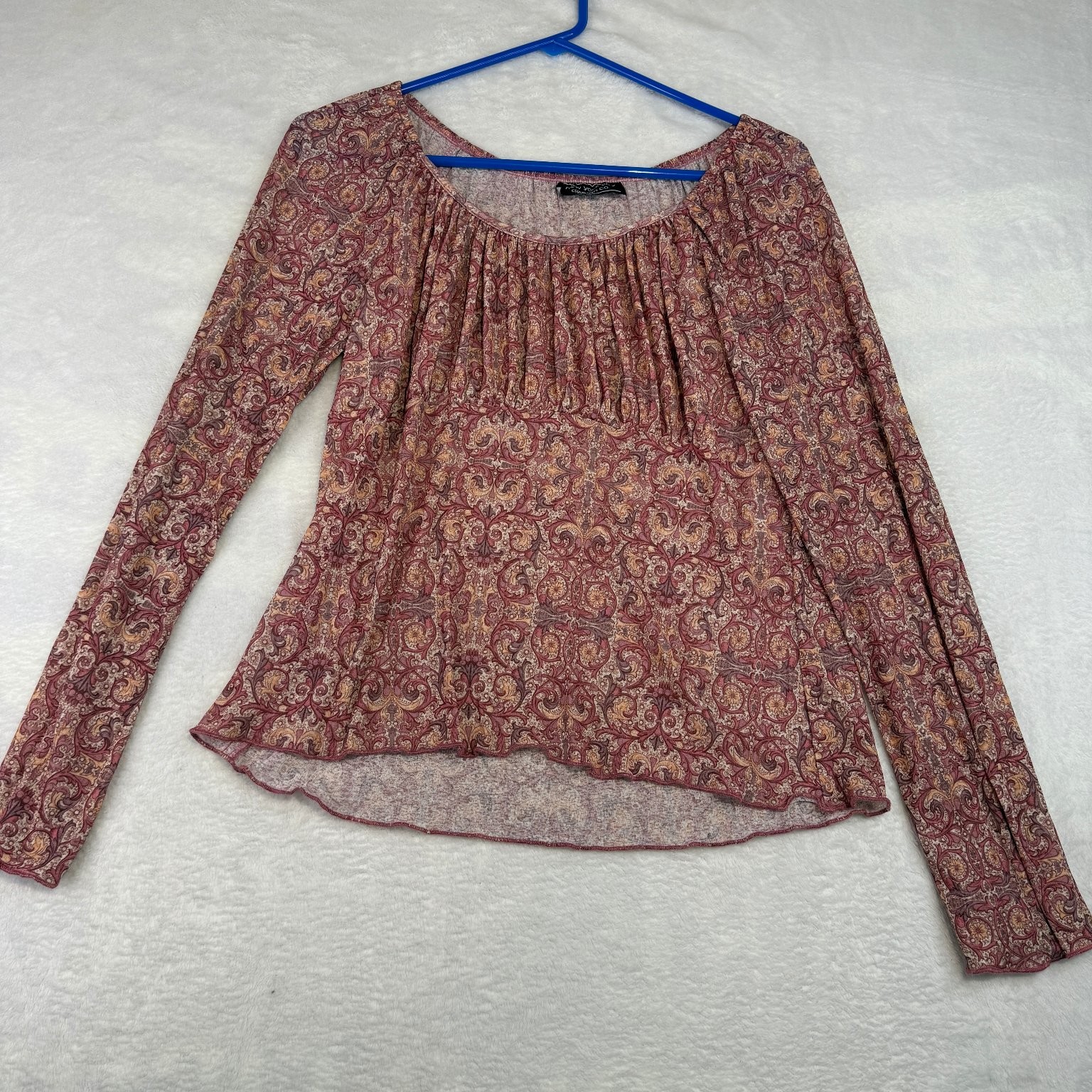New York City Design Co. Women’s Boho Burgundy Paisley Ruched Long Sleeve Top
