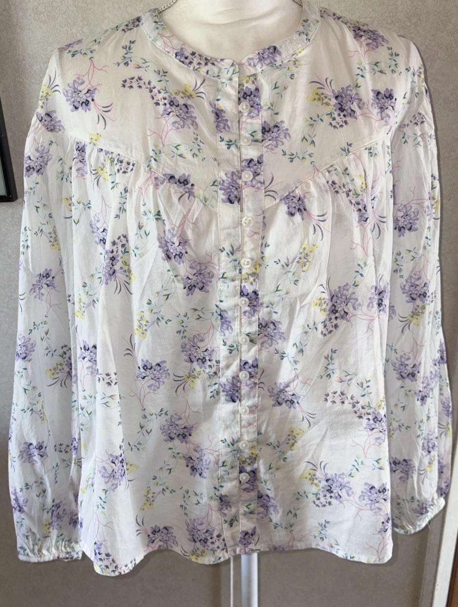 Scoop Button White Floral Print Boho Flowy Hippie Blouse X-SMALL NEW #16016-17