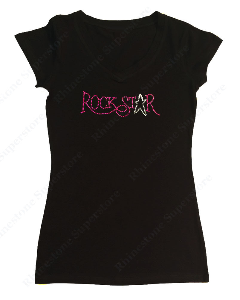 Women’s Rhinestone T-Shirt ” Pink Rockstar ” in S, M, L, 1X, 2X, 3X