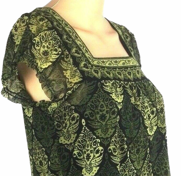 Floral Womens Top Size S Abstract Leaf Square Neck Green Black