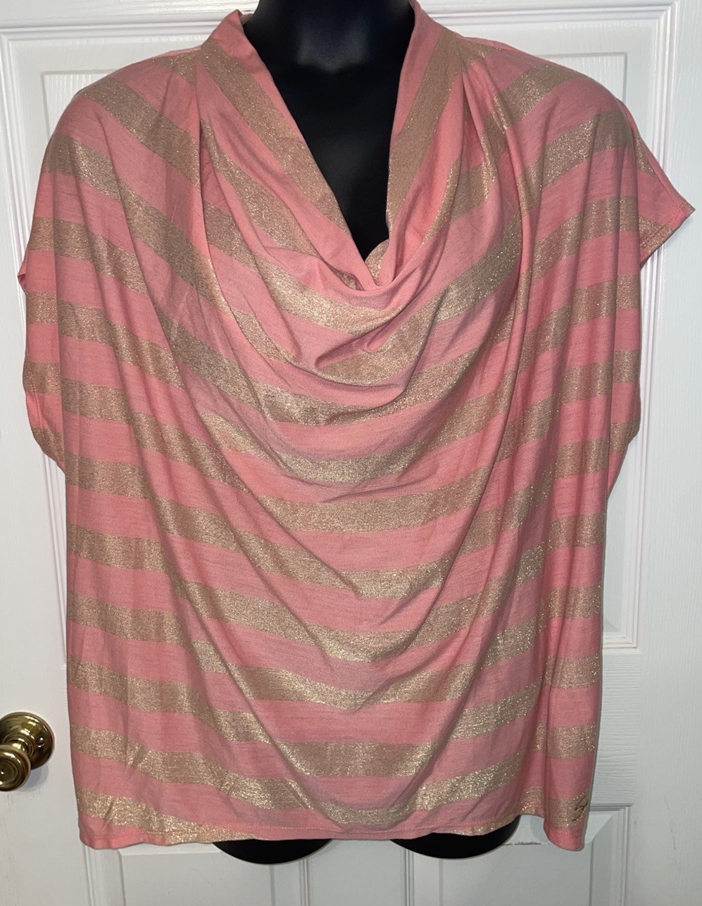 NWT Seven7 Luxe Plus Sz 3X Pink Khaki Metallic Striped Pullover Knit Top