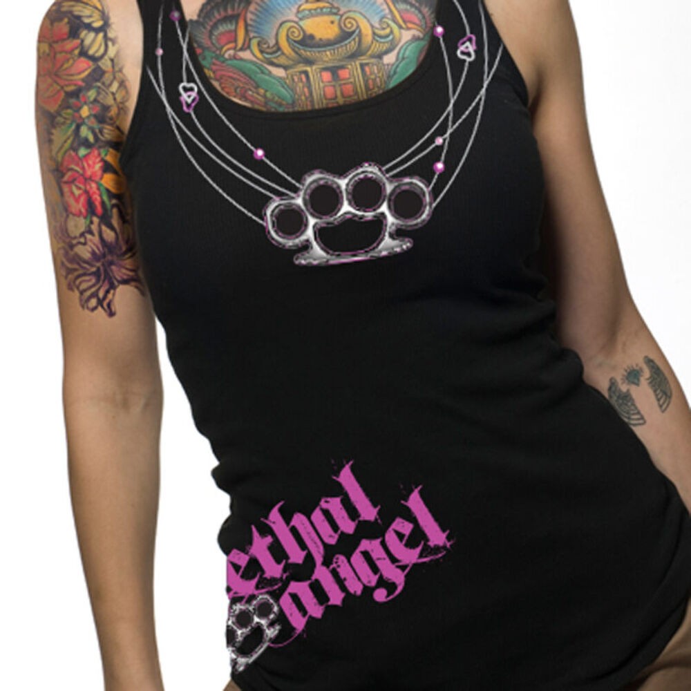 LETHAL ANGEL KNUCKLE DUSTER SS NECKLACE BIKER CHICKS TANK TOP S L XL 8 12 14 16