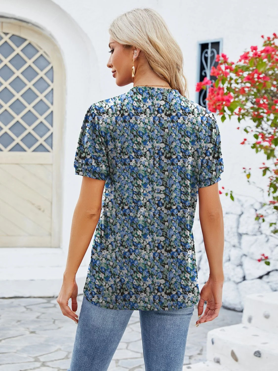Women Ruched Printed Notched Short Sleeve Blouse