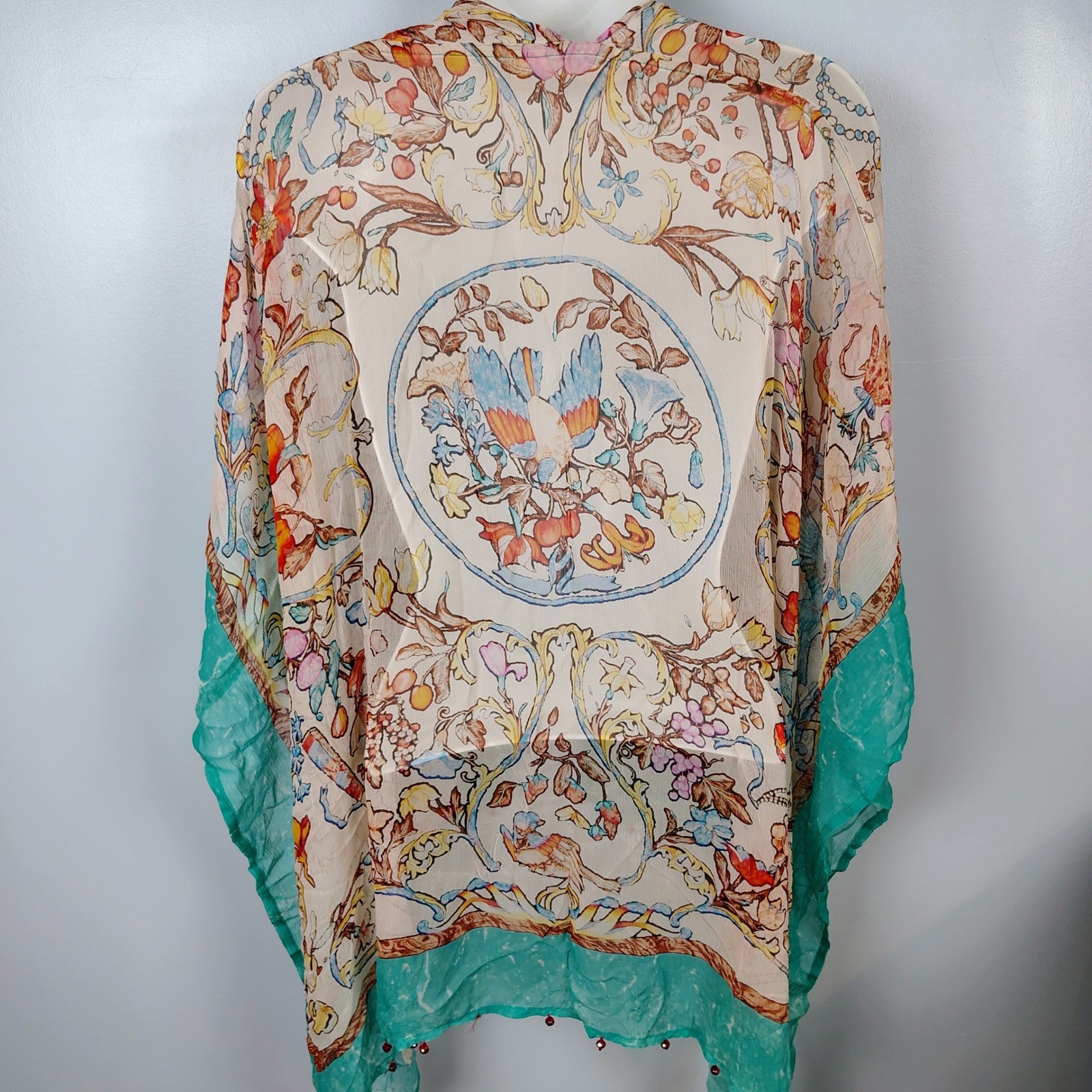 Soft Surroundings Cupro Kimono Wrap Botanical Bird Print Teal Bead Trim S/M