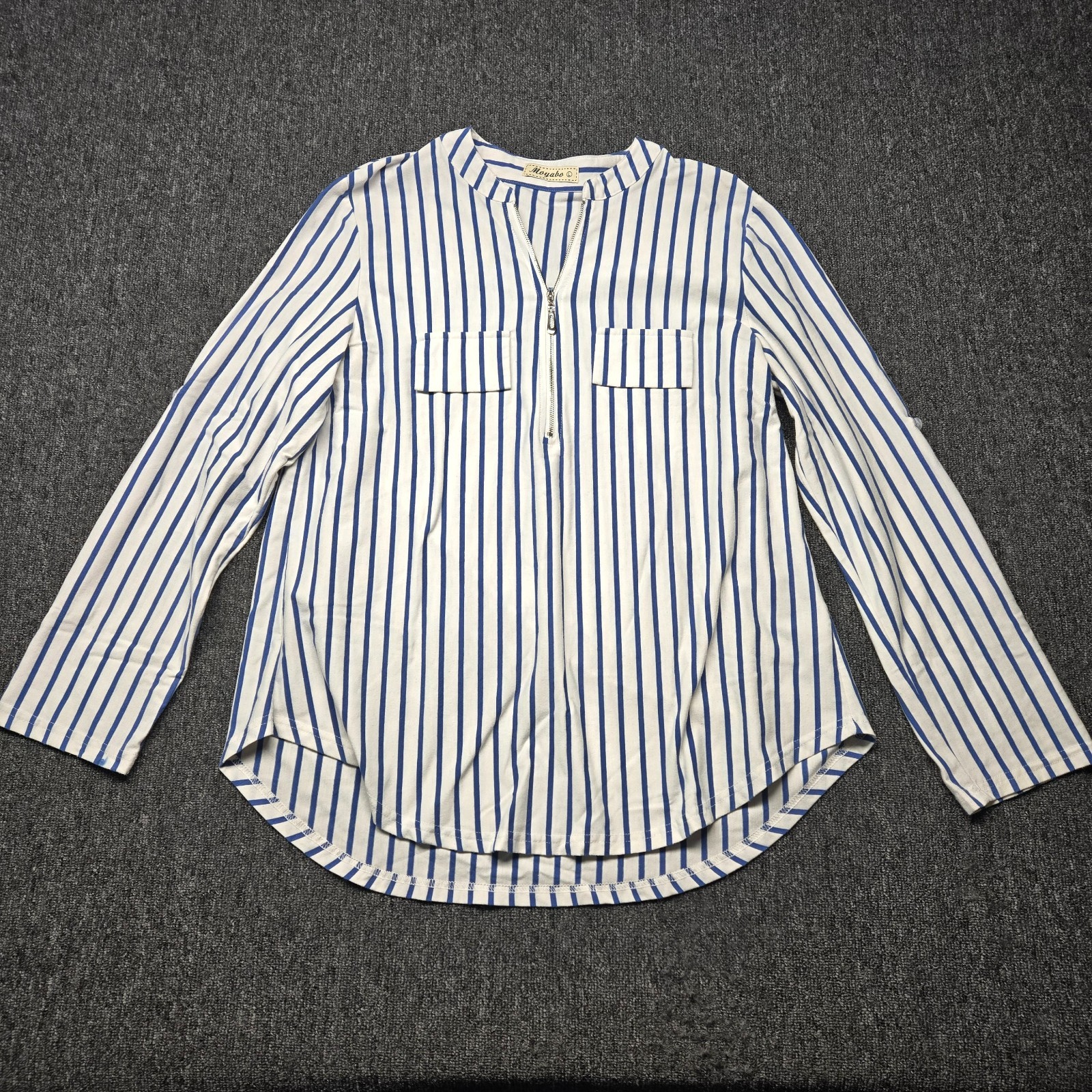 Moyabo Tunic Shirt Womens Large White Blue Stripe Half Zip 3 4 Roll Tab Sleeve