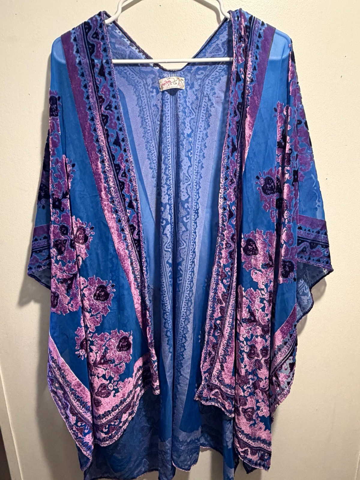 Free People Blue Purple Floral Open Front Chiffon Crochet Kimono One Size