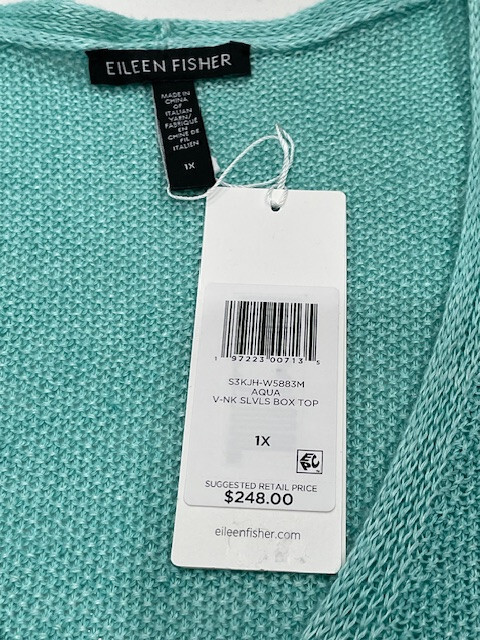 NWT! $248 Eileen Fisher 1X V-Nk Sleeveless Box Top ‘Aqua’ Mint Org Linen All Yr