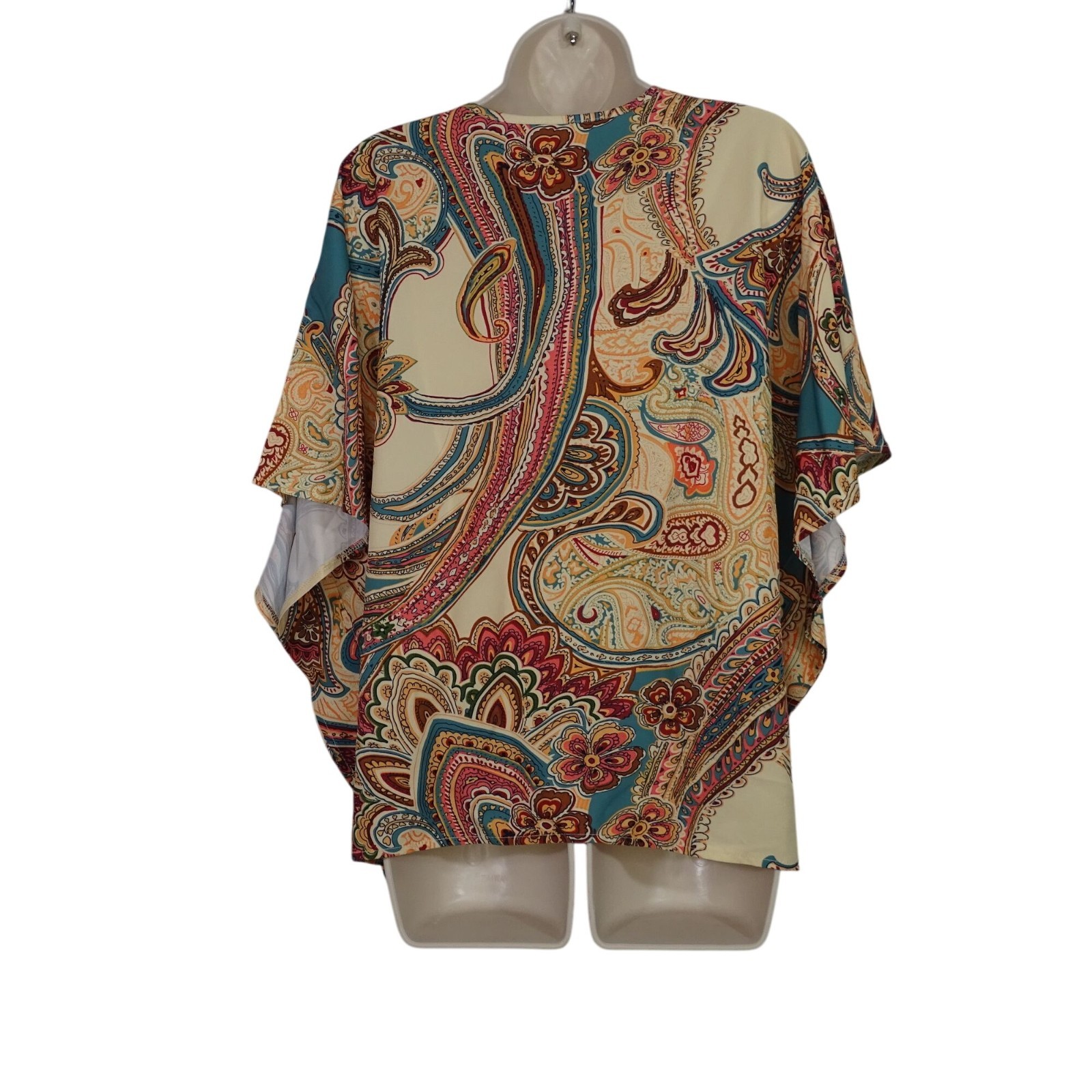 Paisley Tan Green V-Neck Blouse Pullover Dolman Sleeves Women Size L Loose Fit