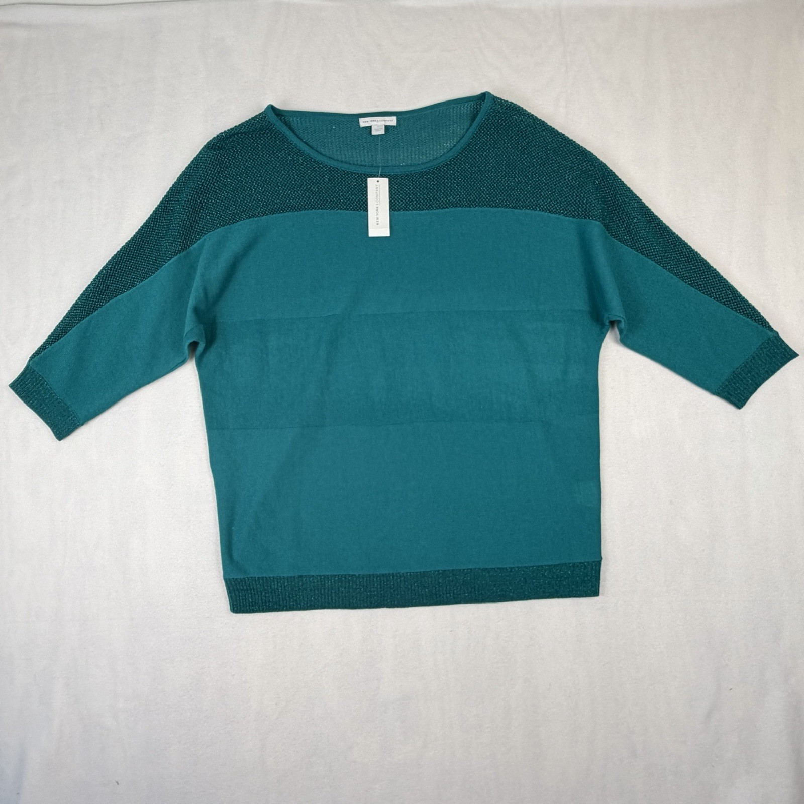 New York & Company Top Womens L Mesh Open Knit Yoke Sweater Top Green Teal NWT