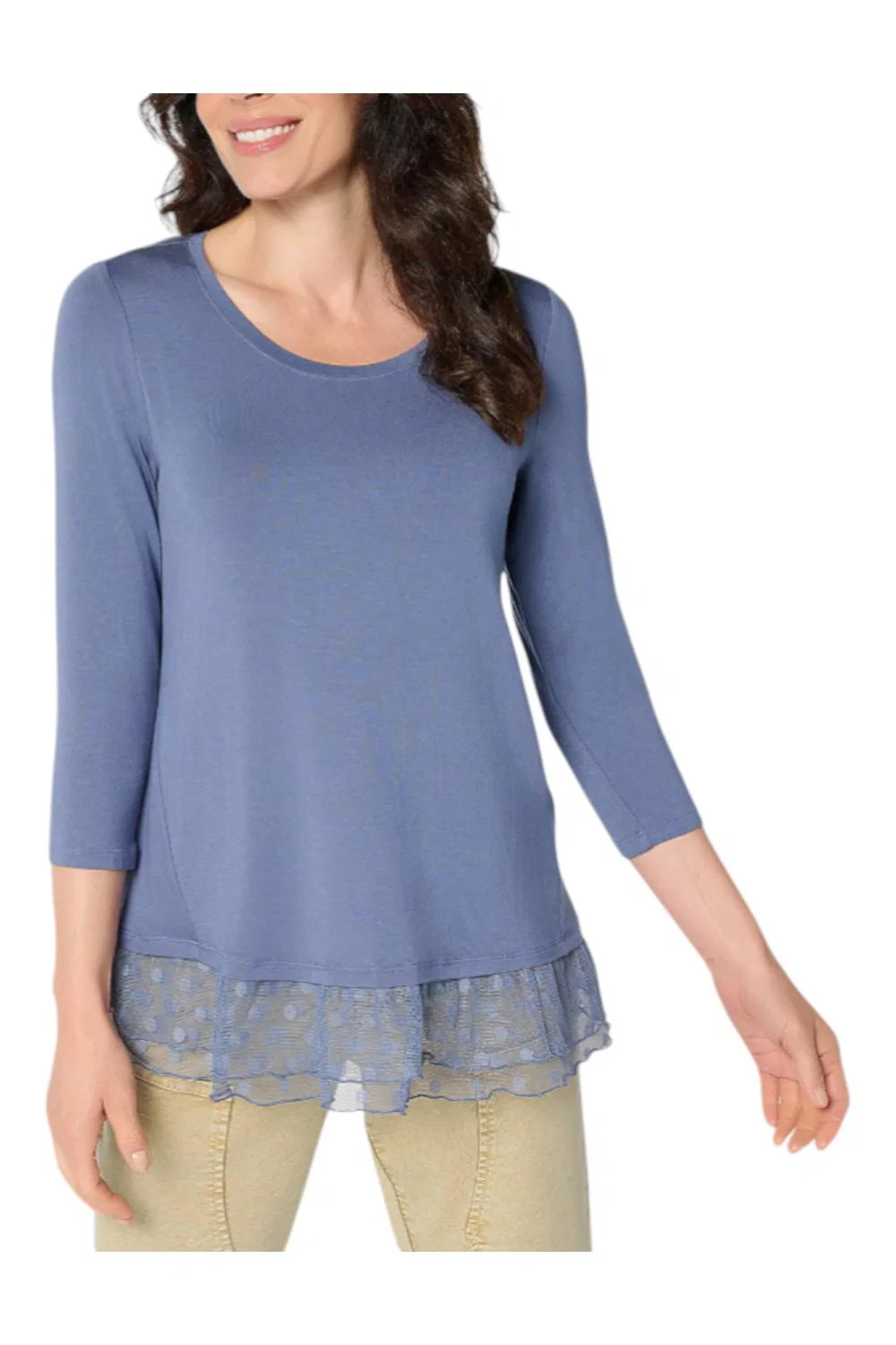 LOGO Layers by Lori Goldstein Women’s 3/4 Slv Mesh Hem Top Blue