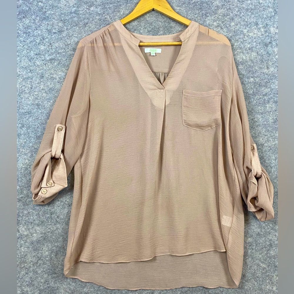 Jade Melody Tam Blouse Size L Taupe Semi Sheer Roll Tab Sleeves V-neck Neutral