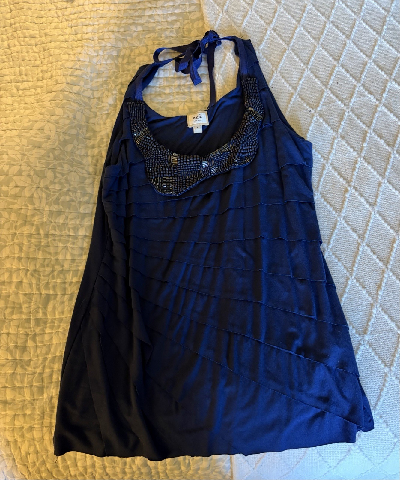 ECI New York Women’s Blue Halter Sleeveless Top Beaded Neckline Size L