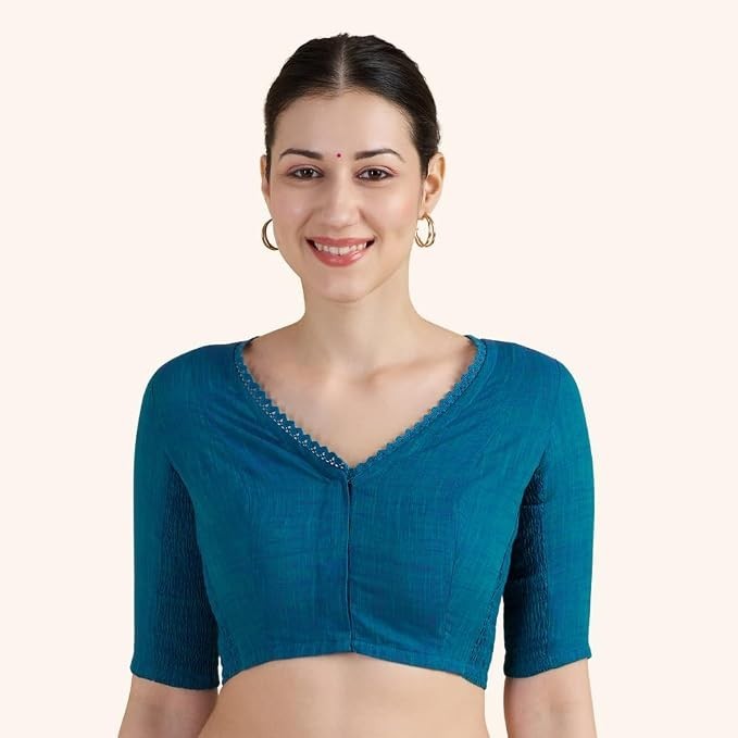 Women’s Handloom Cotton Side Stretchable (Smocked) Readymade Saree Blouse Tunic