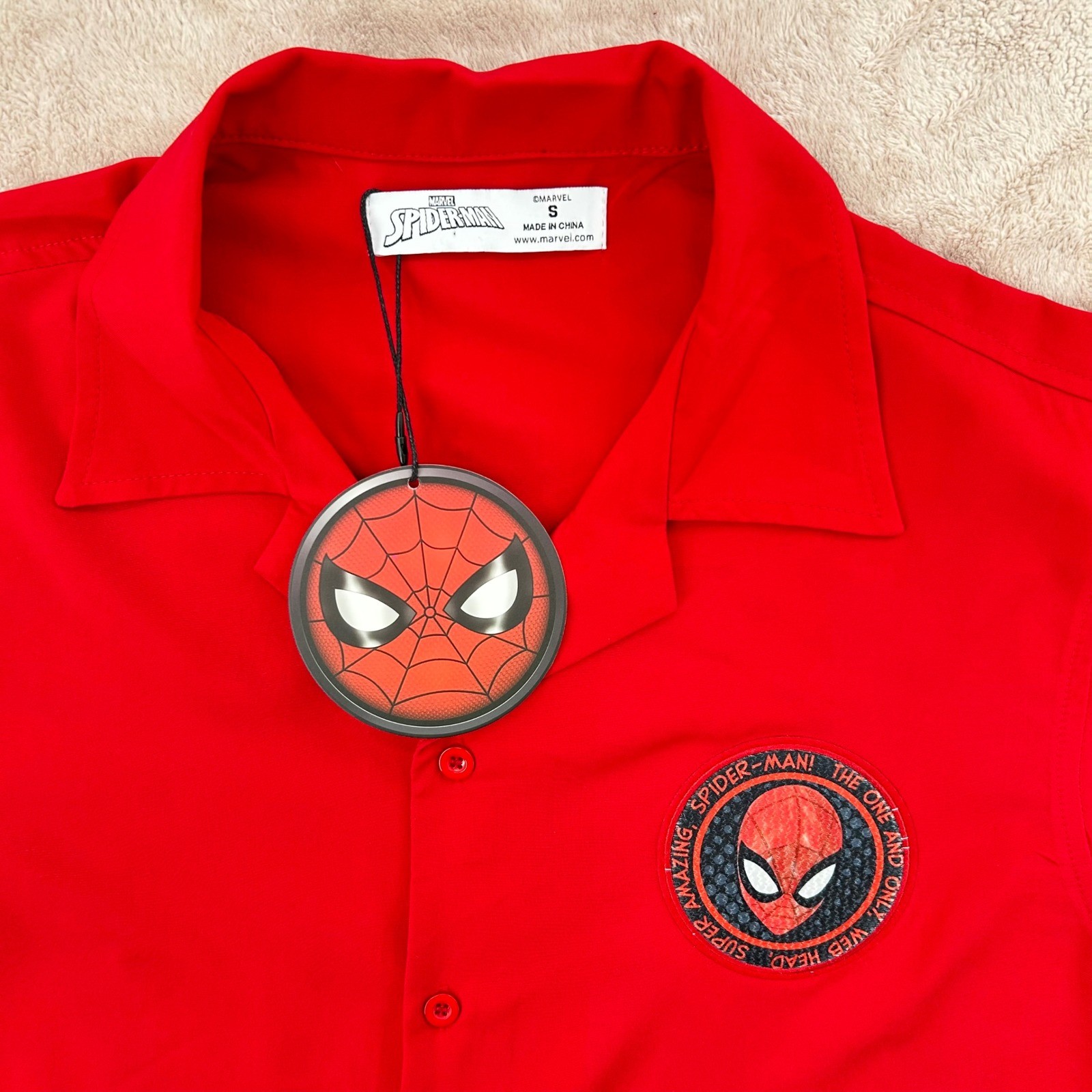 Marvel Spider-Man Red Button Down Shirt Short Sleeve Camp Collar SmalLRED