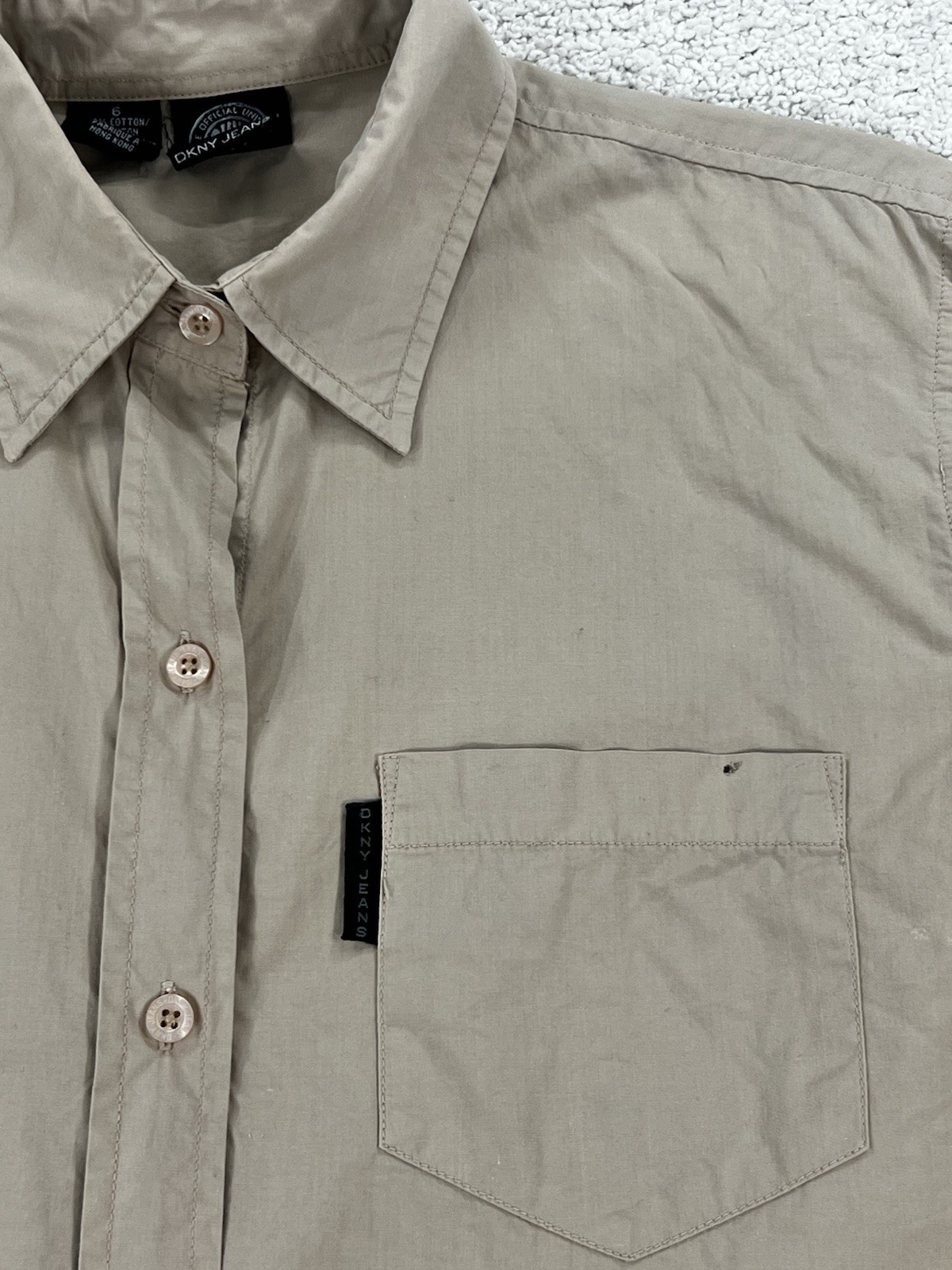 Vintage 90s DKNY Jeans Button Down Shirt Womens 6 Tan Khaki Utility