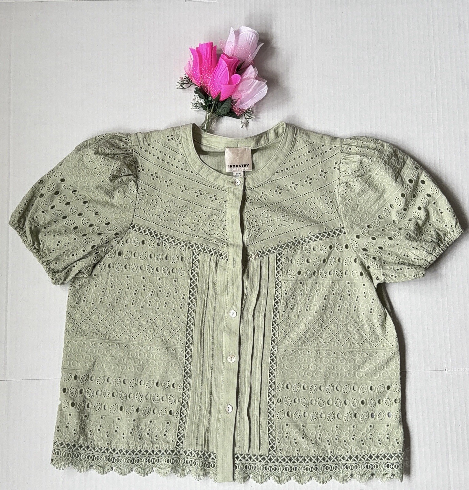 Industry Republic Clothing Embroidered Eyelet Puff Sleeve Button-Up Shirt Rust M