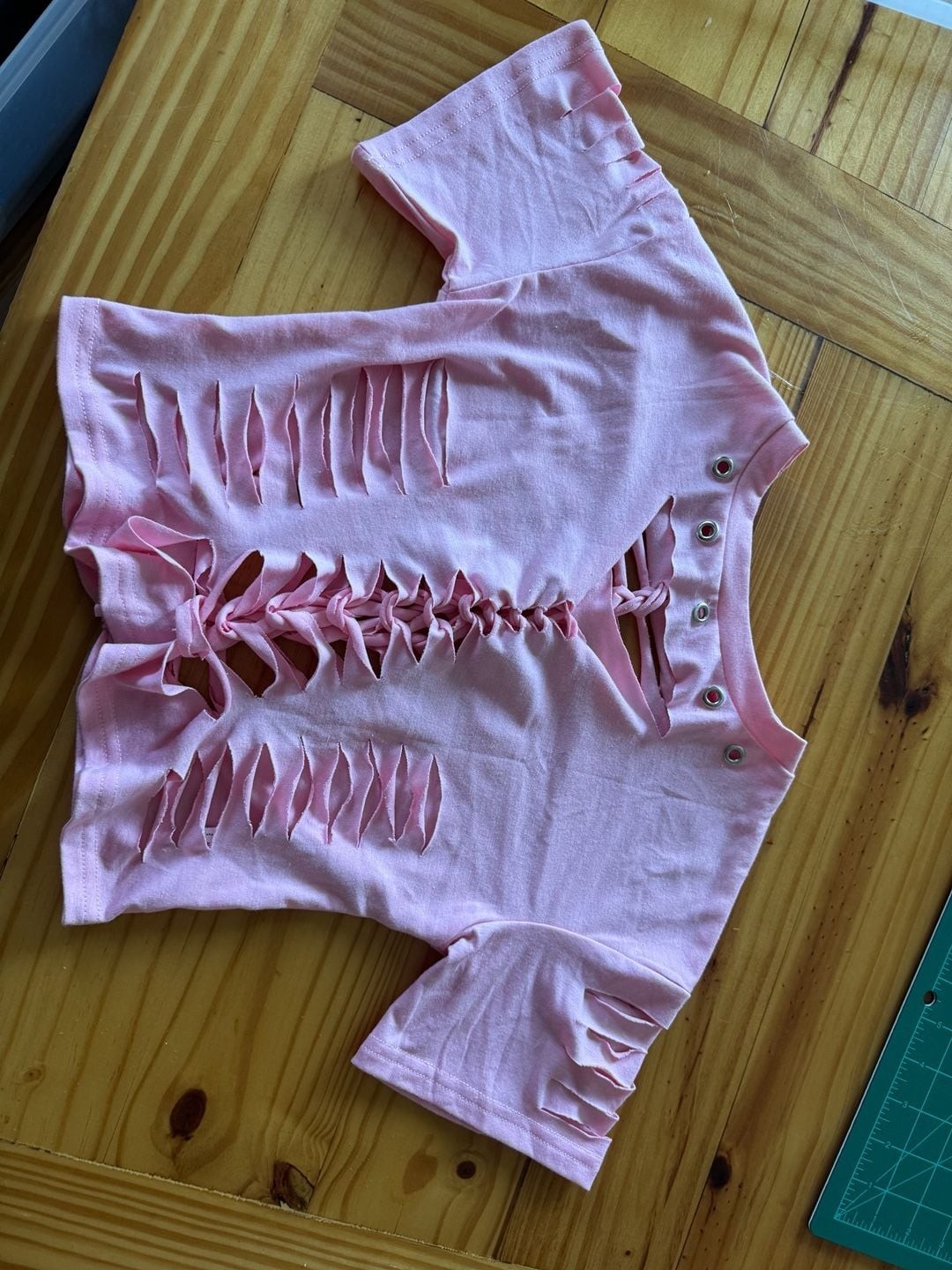 Customized Pink Distressed Grunge Style Cut-Out Crop Top with Gummy Bear Charms