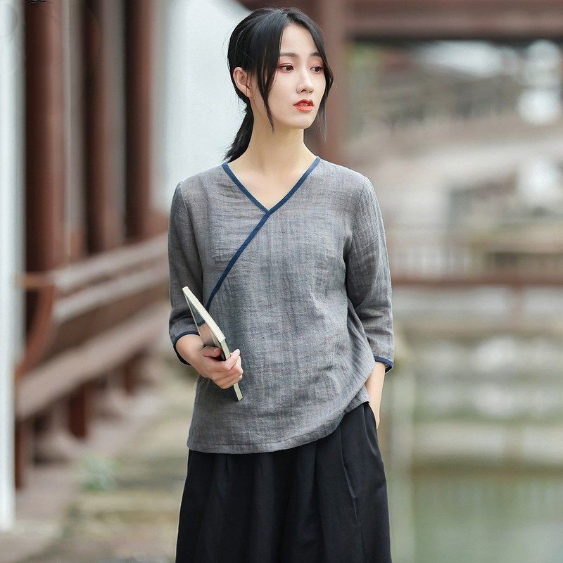Vintage Hanfu Cotton Linen Chinese Style Ethnic Vintage Tea Party Tops Women