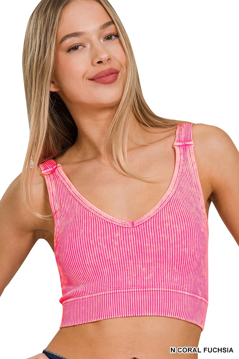 Zenana Ribbed Stone Wash V Neck Bralette PADDED Crop S-XL 32A-40DD Style# 6275