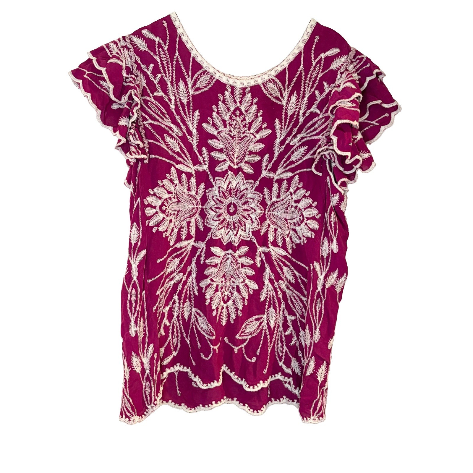 Solitaire Heavy Embroidered Ruffle Short Sleeve Top Pink Boho Bohemian Peasant L