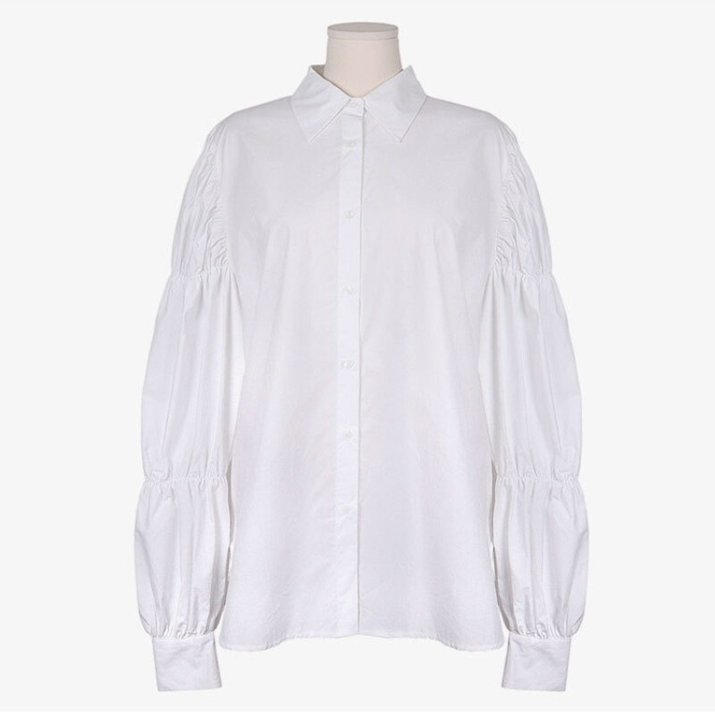 Women Puff Sleeve Shirt White Button Front Collar Top Casual Office Blous