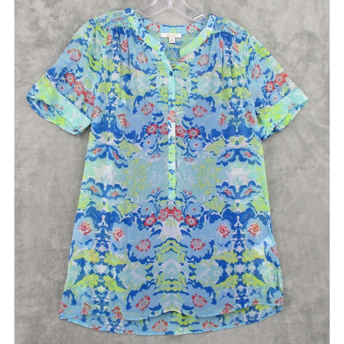 Ella Moss Blouse Womens Medium Floral Cottage Sheer Button Tank Artsy Boho Blue