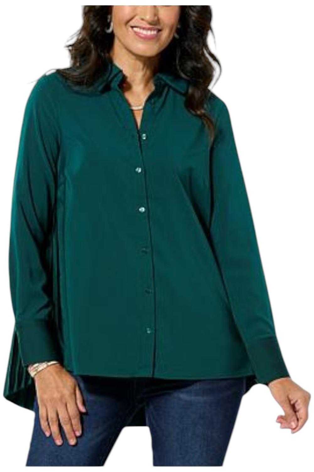 Nina Leonard Women’s Long Sleeve Collared Front Shirt Black Emerald