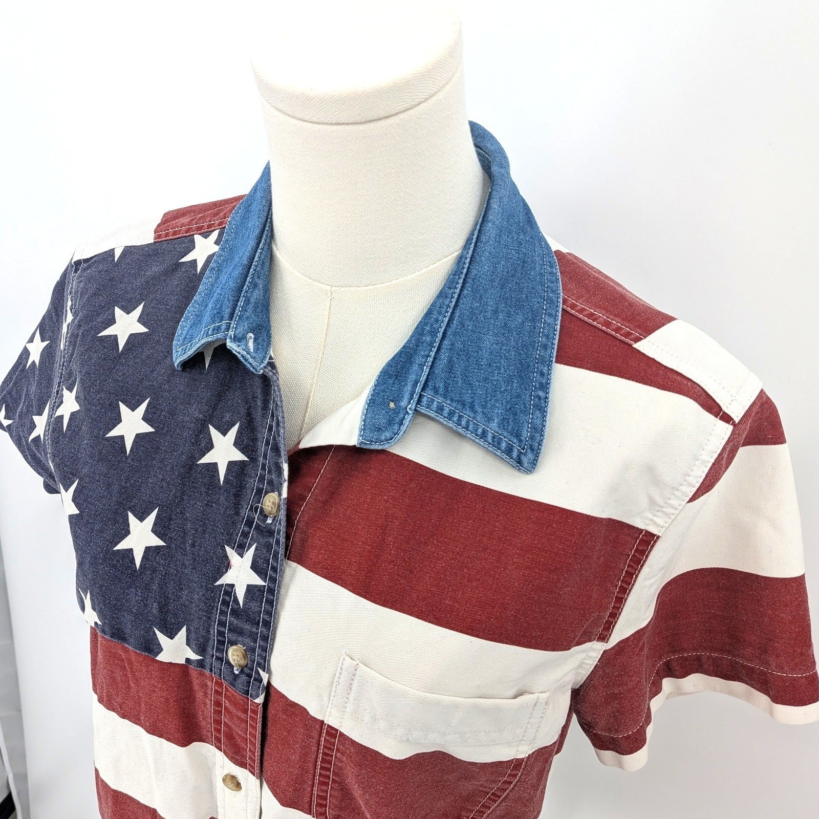 Annex American flag button up shirt patriotic petite M stars stripes