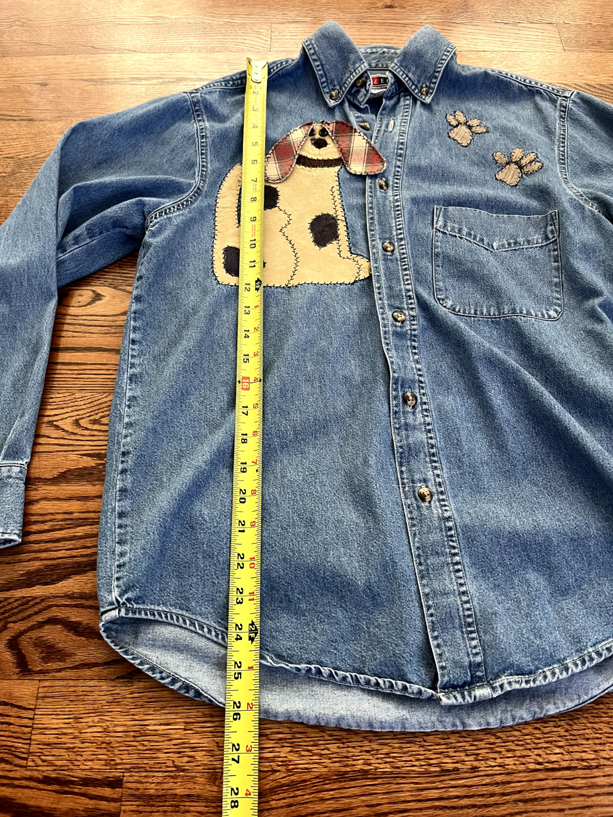 Vintage Patchwork Quilted DOG Jerzees Shirt Sz Small Chambray Denim Button Down