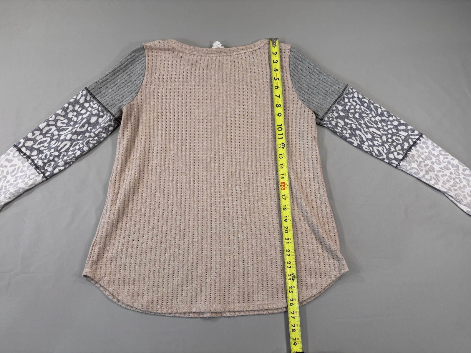 BiBi Tunic Size M Tan Body Grey Animal Print Long Sleeve