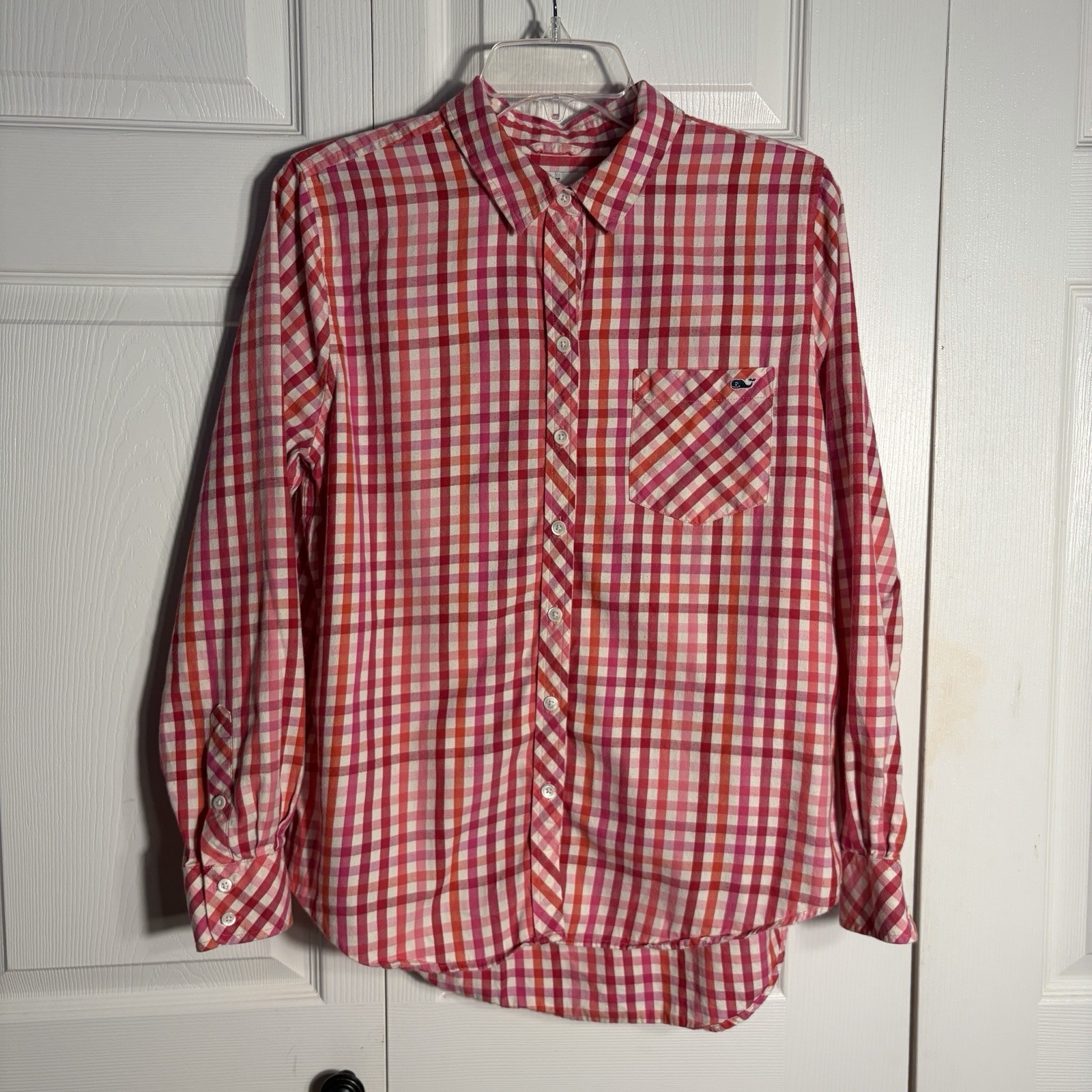 Vineyard Vines Cashmere Cotton Blend Shirt Women 10 Pink Gingham Button Pocket