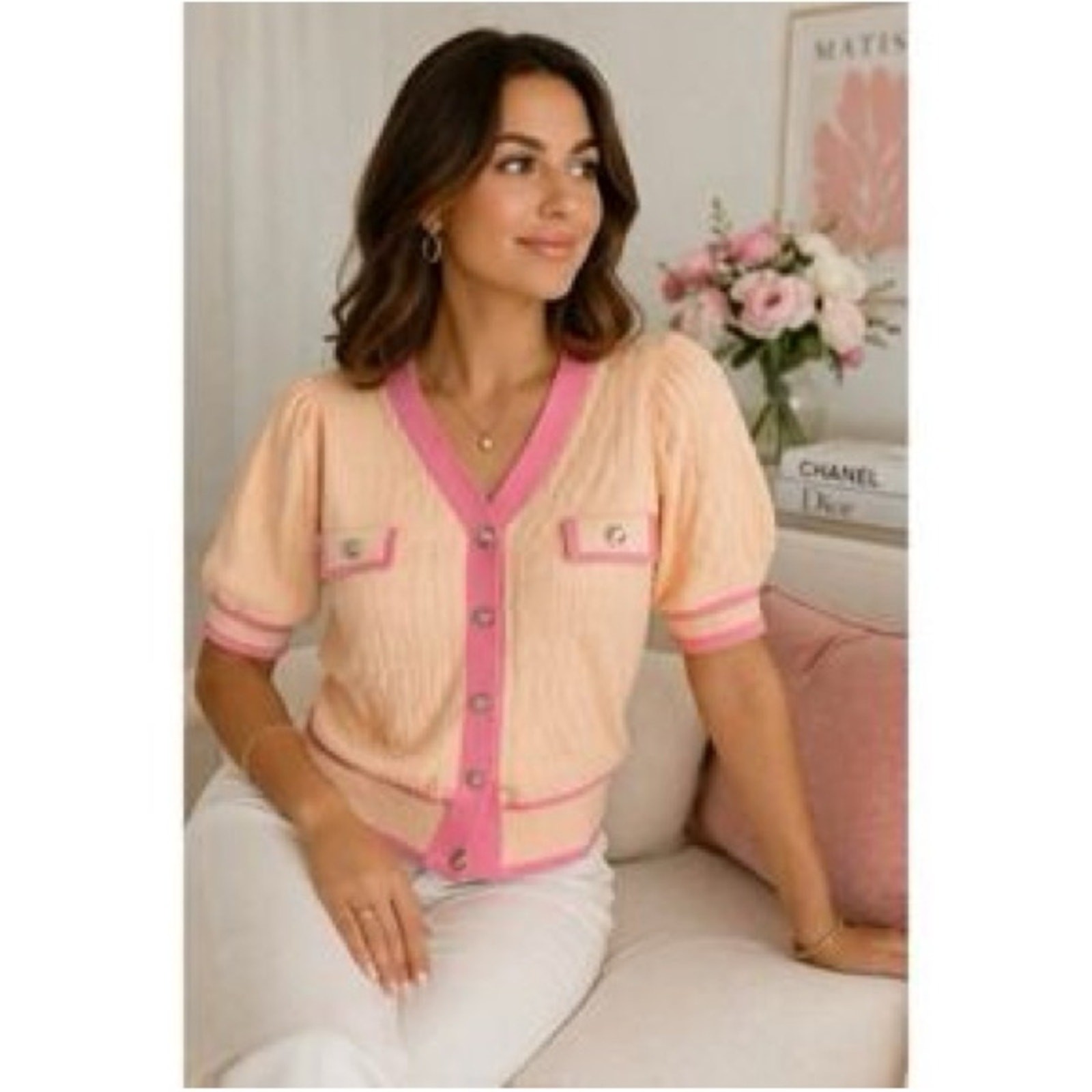 Nanette Lepore Peach cardigan with Pink trim