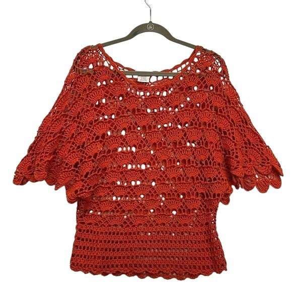 Intrigue Crochet Womens Top M Orange Cotton Acrylic Relaxed Boho Style