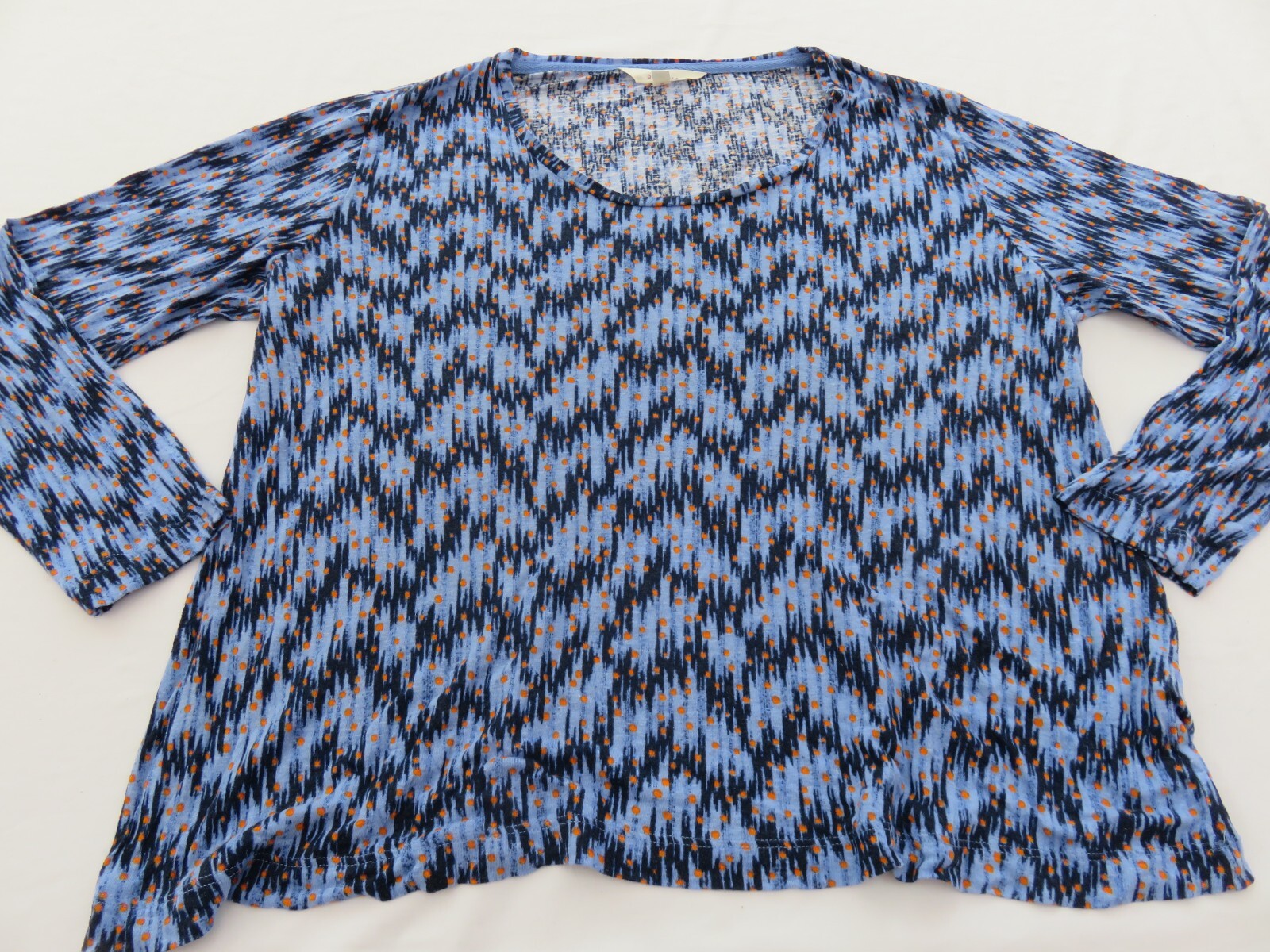 M&S PER UNA FAB BLUES IKAT ISH & ORANGE DOTS PATTERN 30% LINEN BLEND TOP UK 14