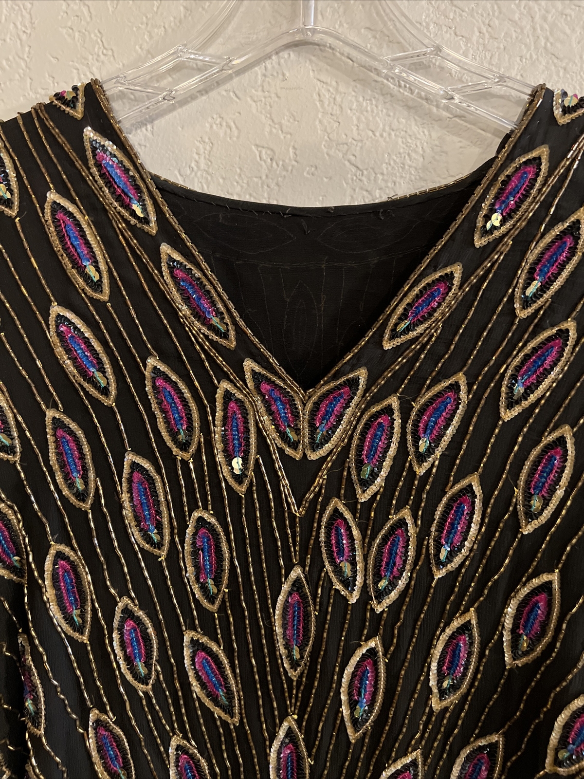 RARE Vintage Jean Joseph Le Bon? Sequin Beaded Silk Peacock Feather Top Blouse